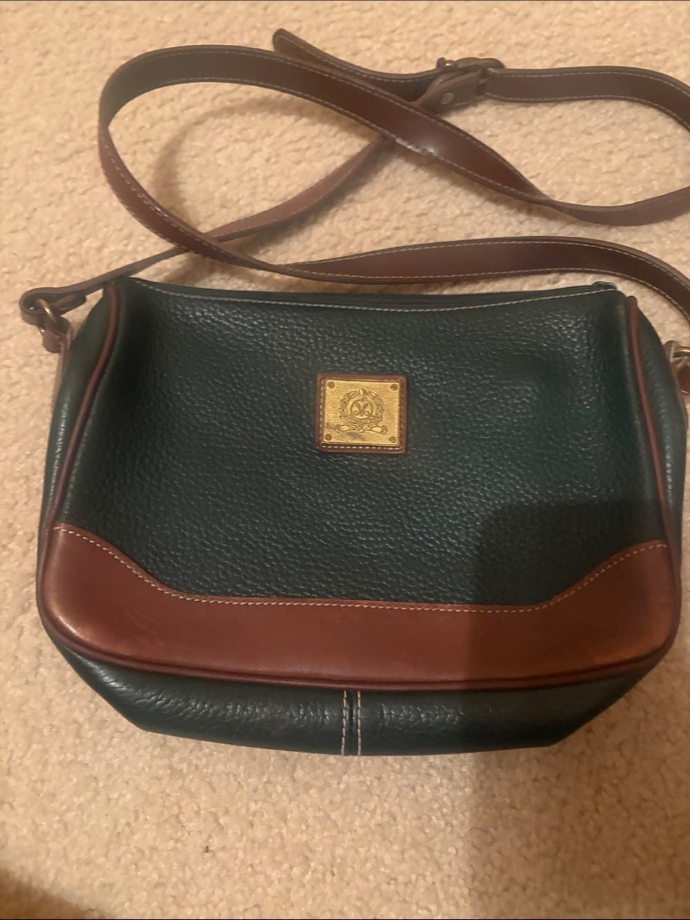 Vintage Medallion  Forest Green Pebbled Leather Crossbody with Brown Trim